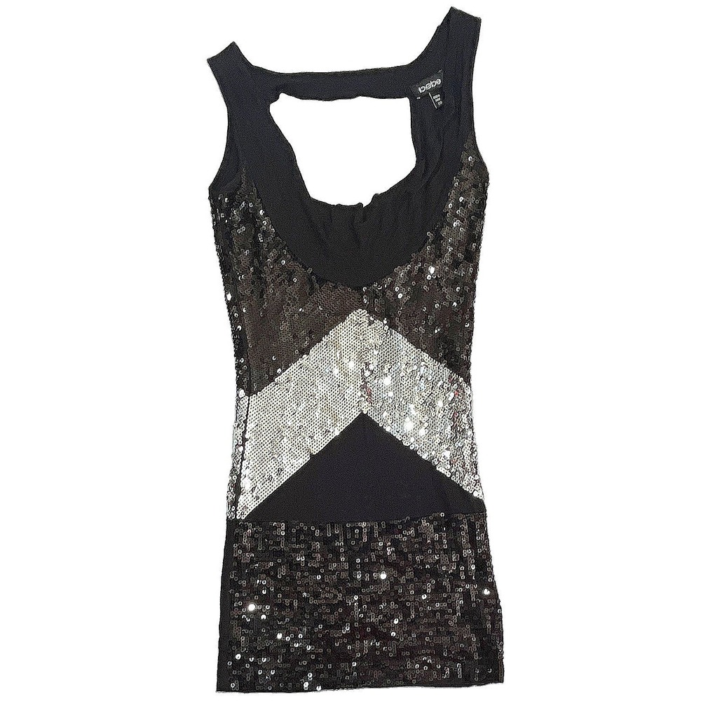 Bebe Womens Black Silver Sequin Chevron Open Back Sleeveless Mini Dress XXS